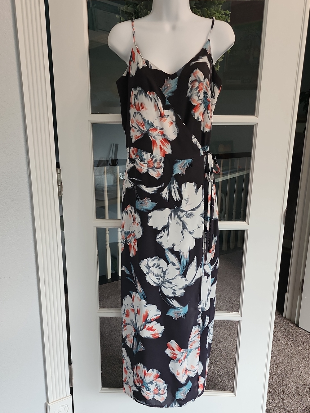 Floral Black Wrap Maxi Dress with Spaghetti Straps